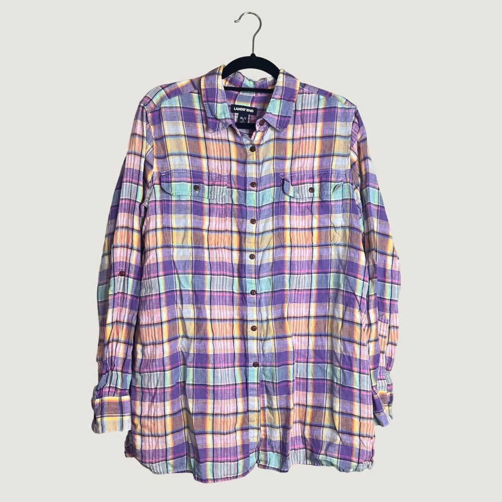 Lands End Linen Button Down Shirt Womens XL/T Purple Plaid Roll Tab Breathable